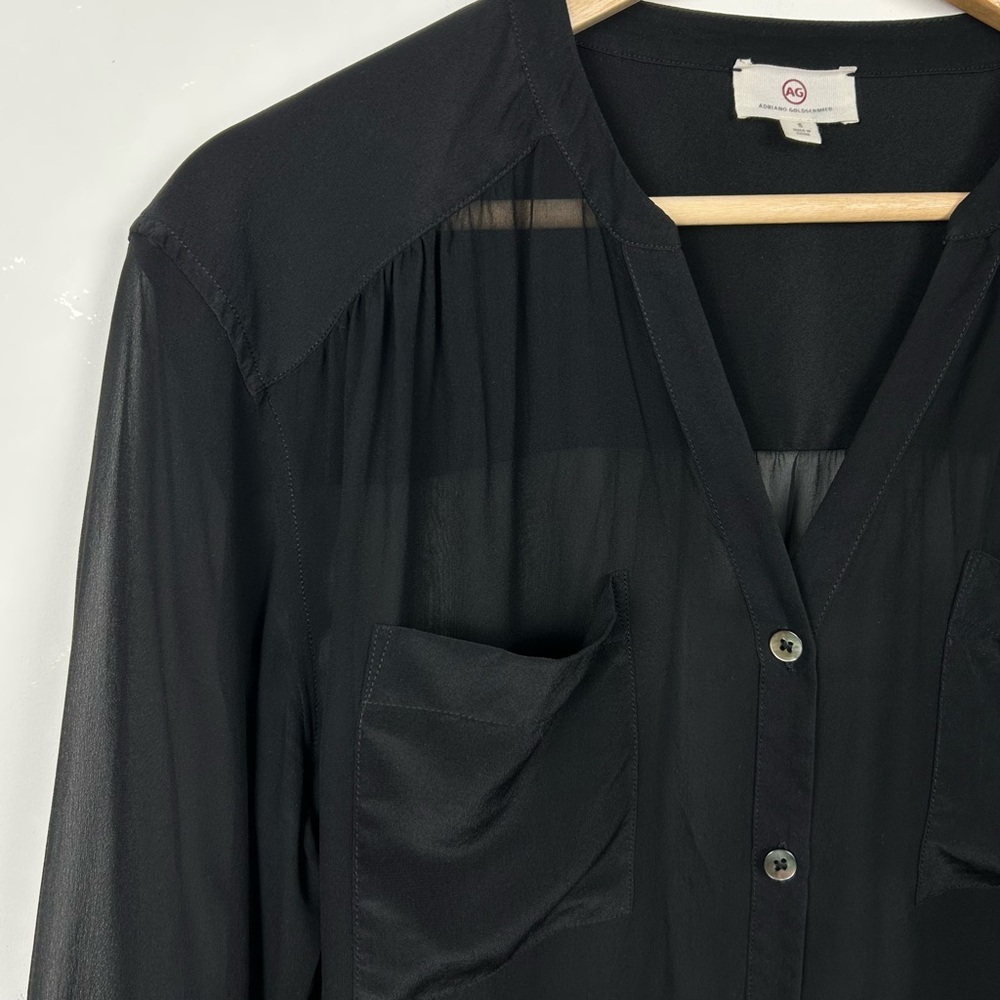 AG Adriano Goldschmied 100% Silk Split Neckline Sheer Blouse, Black, Size Small - Picture 3 of 13